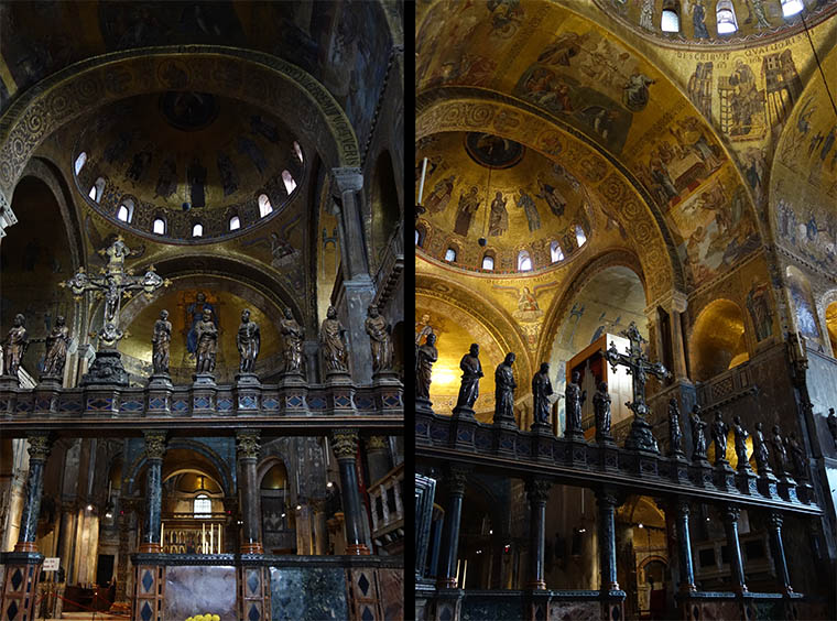 Inside the Basilica San Marco, with and without lighting