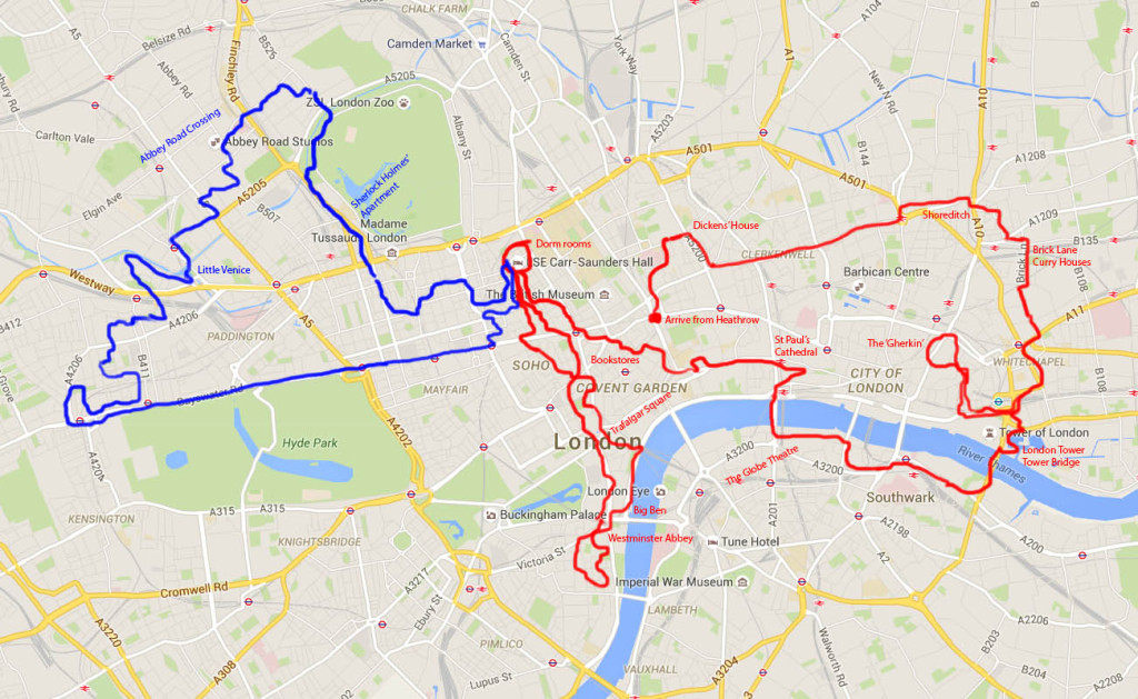 Rambles in London. First day in red, second day in blue.